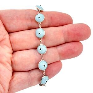 Vintage Sterling Silver 925 Baby Blue Aqua Colored Glass Evil Eye Bracelet 7.5"